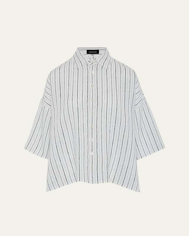 Sloped Shoulder Wide A-Line Short-Sleeve Shirt With Collar (Mid Length)